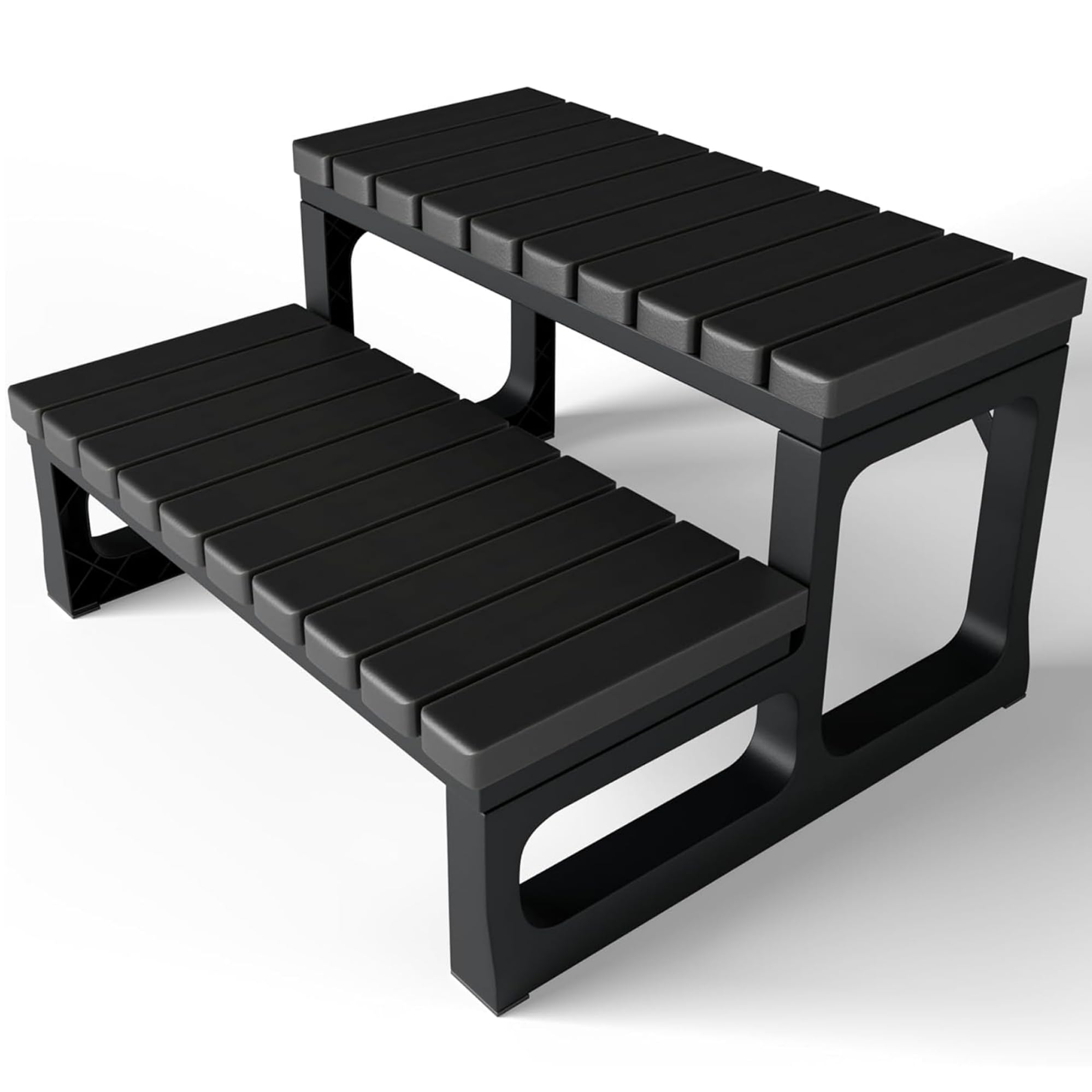 Grevo front view of black hot tub steps showing stable platform and entry safety