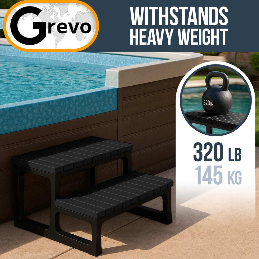 Grevo steps placed at a hot tub entrance demonstrating easy, safe access