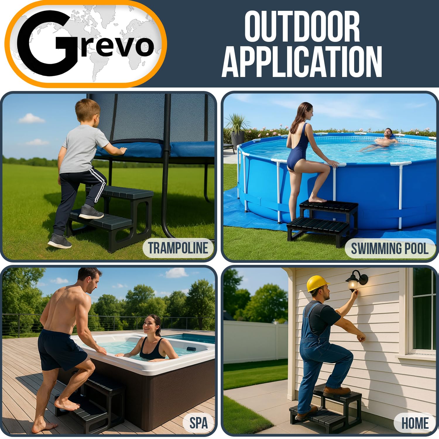 Grevo steps with shoe for scale illustrating tread depth and comfortable step
