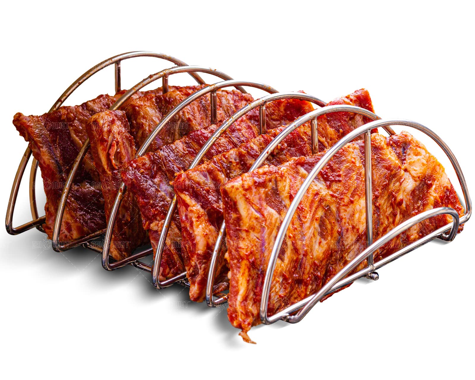 GriAddict front view of stainless steel rib rack showing slots and finish, increases cooking capacity