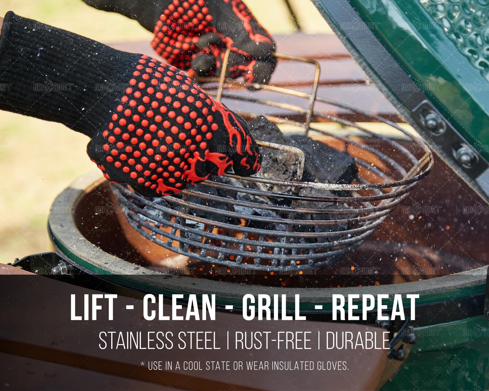GriAddict lifted basket being shaken to separate ash and save coals