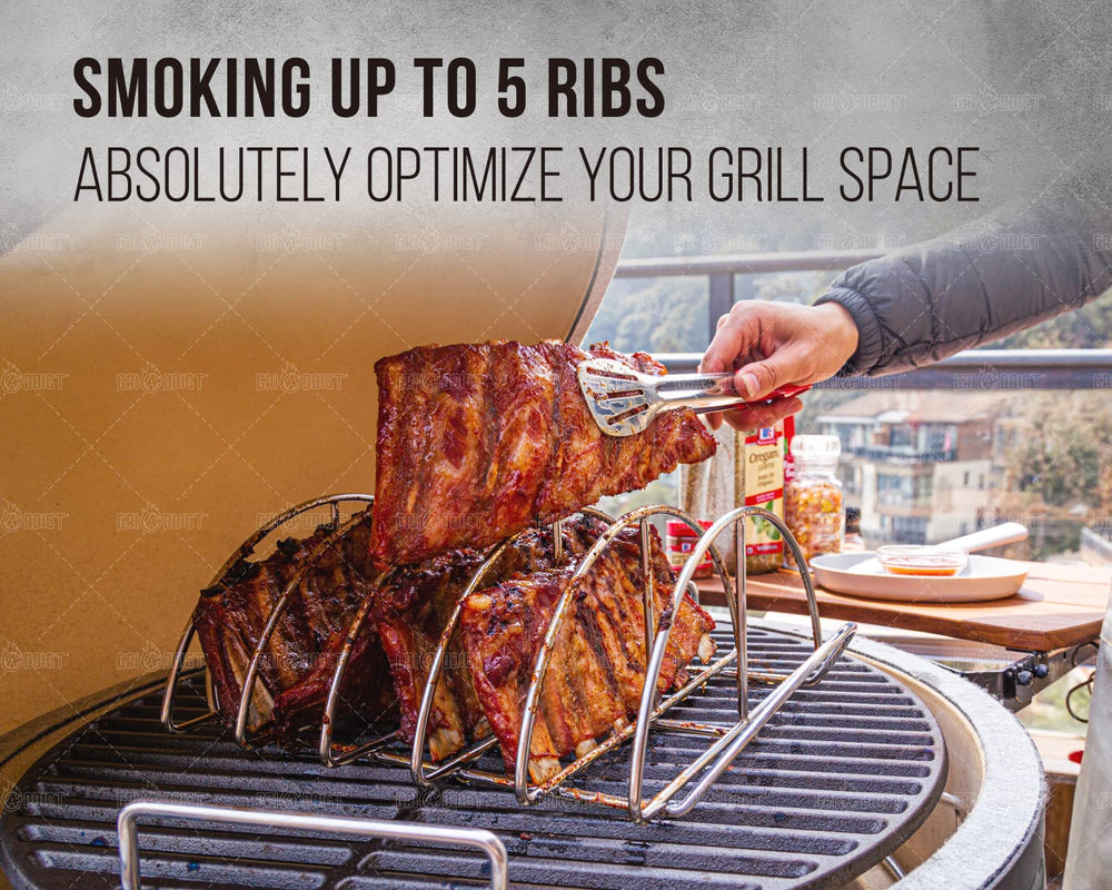 GriAddict rib rack inside kamado grill holding multiple ribs vertically for even smoke