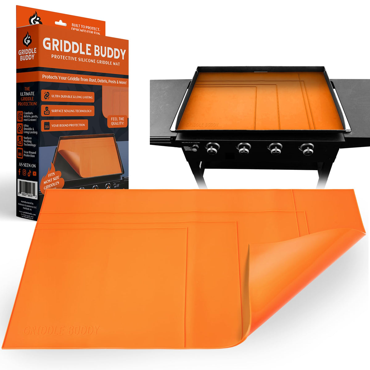 Griddle Buddy front view on Blackstone showing full coverage benefit