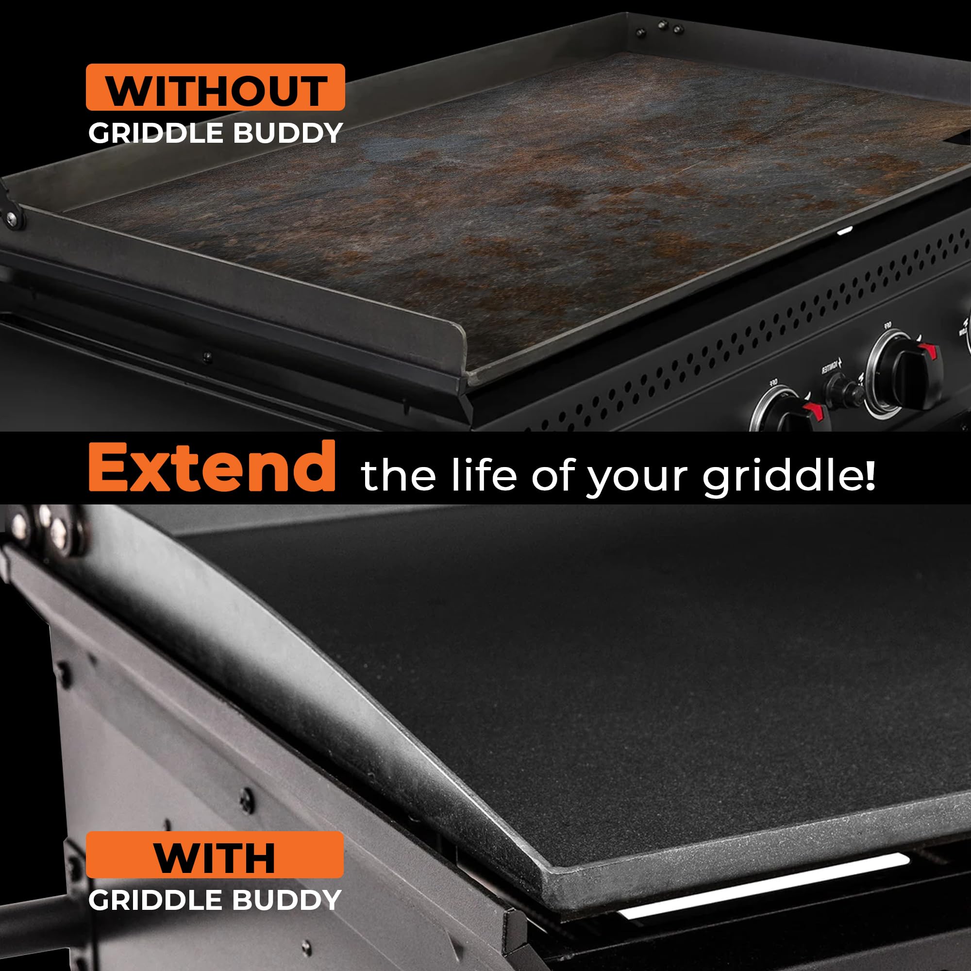 Griddle Buddy in use at campsite keeping pests away and clean cooking