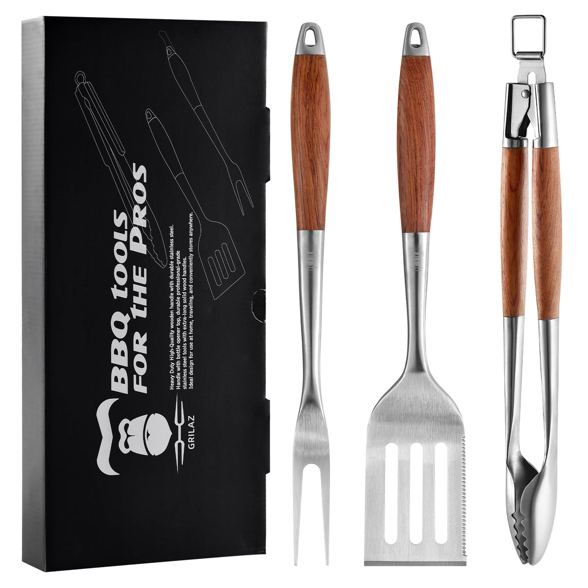 GRILAZ front packaging showing rosewood tools and gift box, high-quality presentation