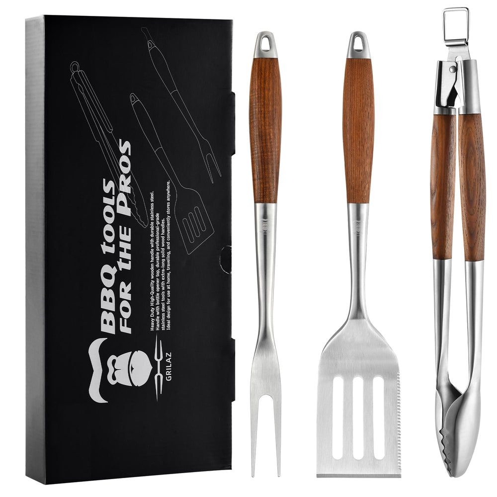 GRILAZ front view of spatula fork tongs showing durable polished steel