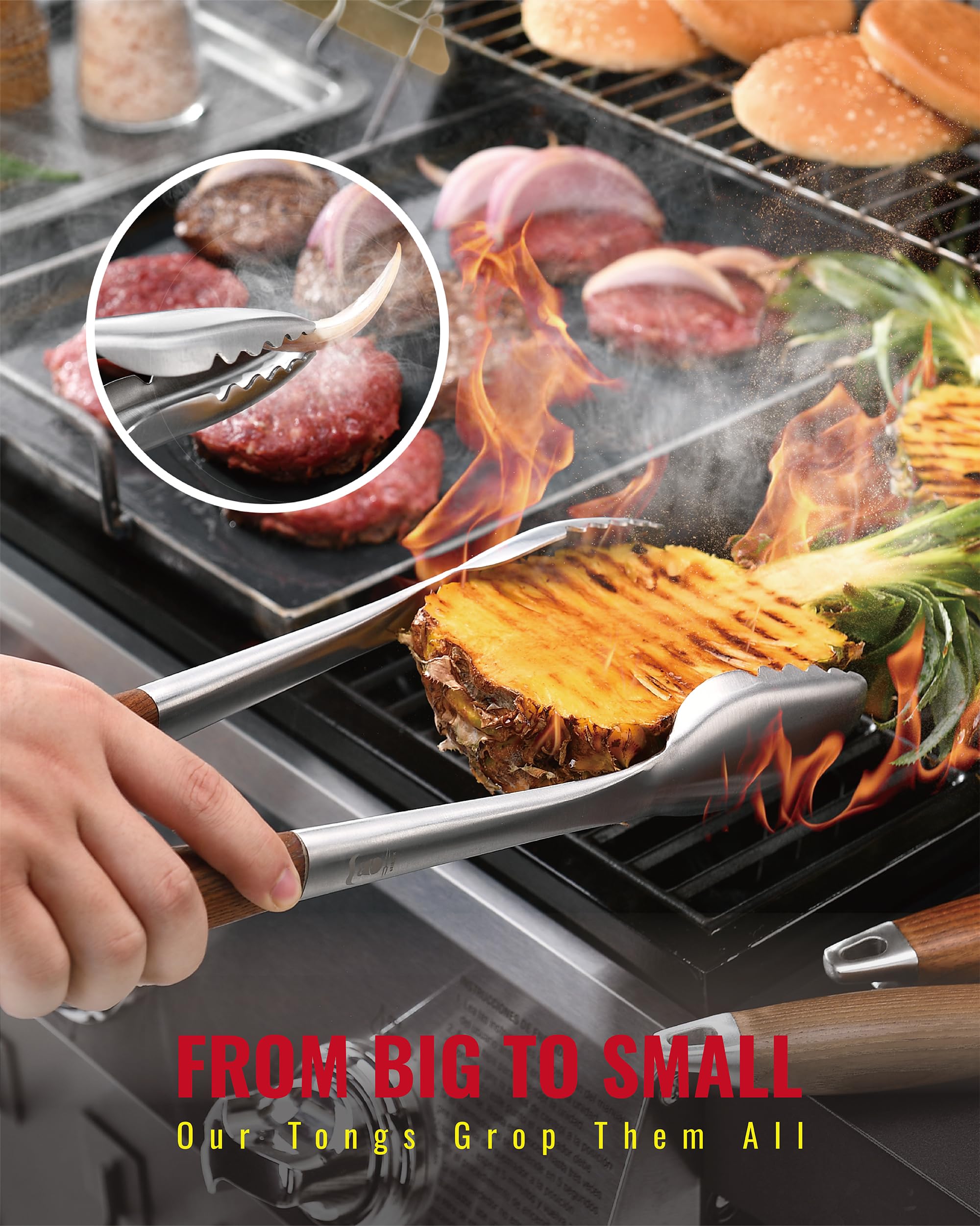 GRILAZ lockable tongs shown locked for compact storage and safety