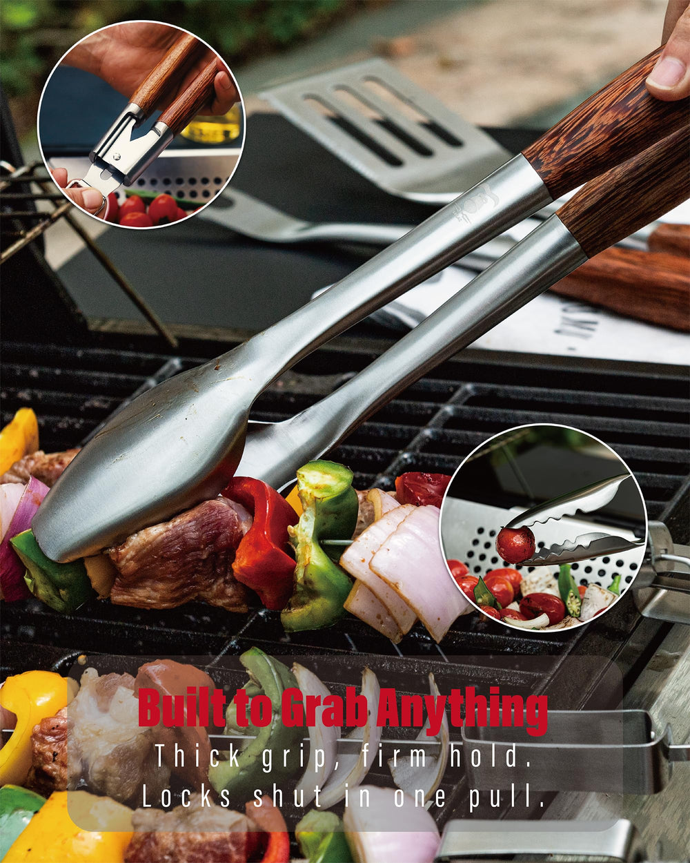 GRILAZ locking tongs folded closed demonstrating compact storage and reliable grip