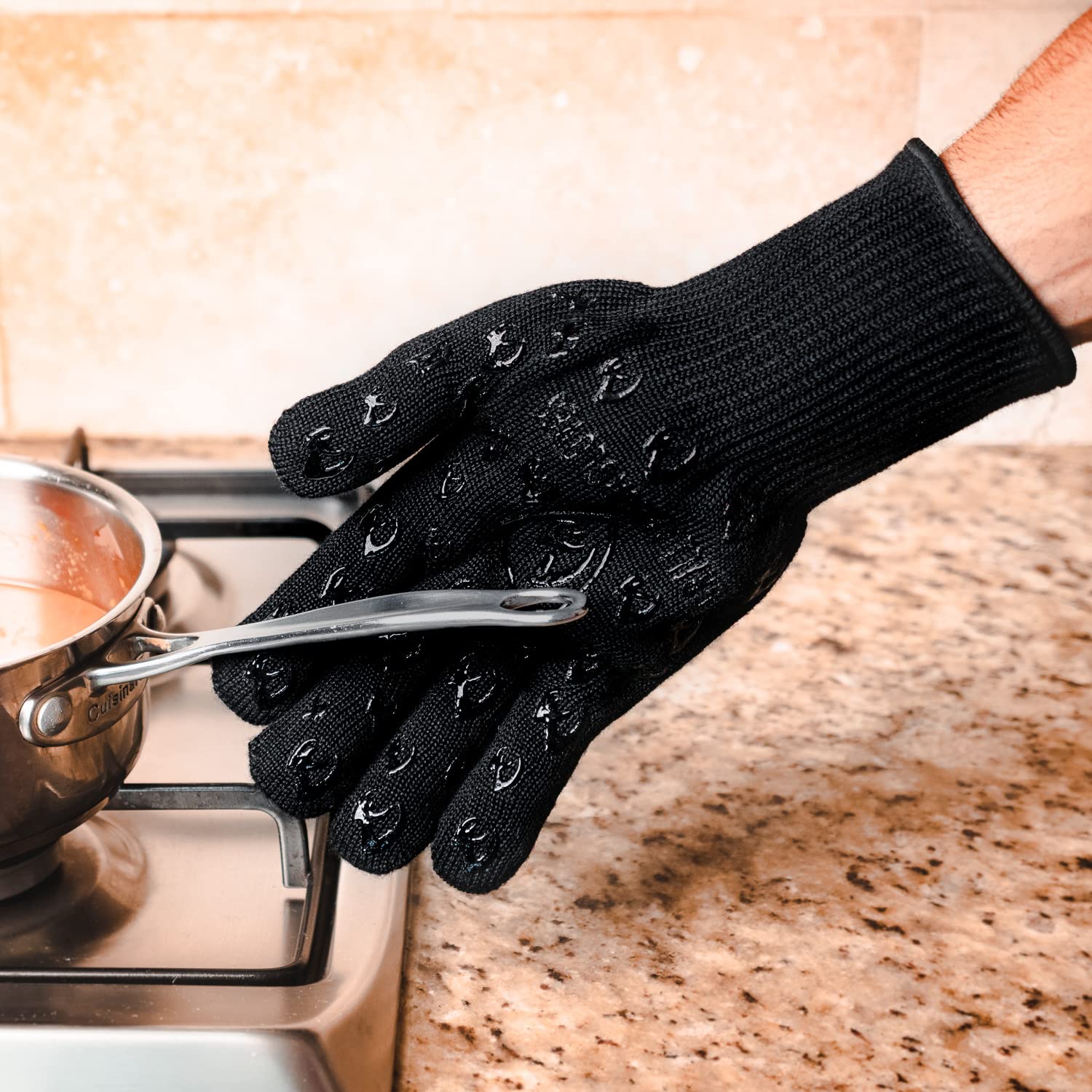 Grill Armor gloves beside smoker and grill for outdoor cooking safety