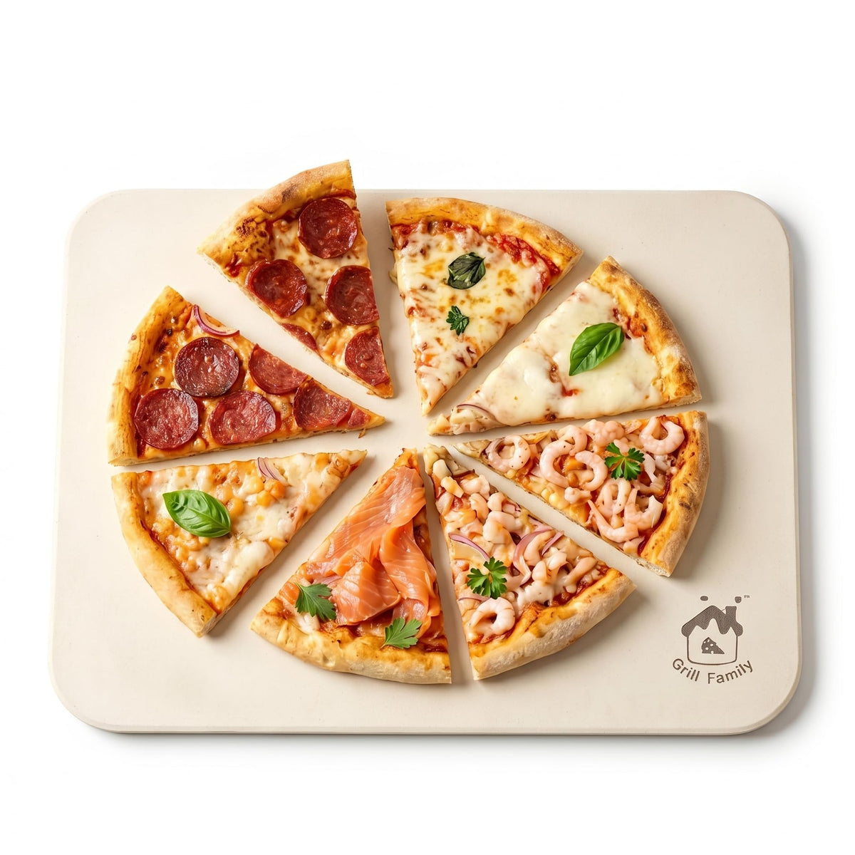 GRILL FAMILY front view of pizza stone showing full rectangular surface and usable area
