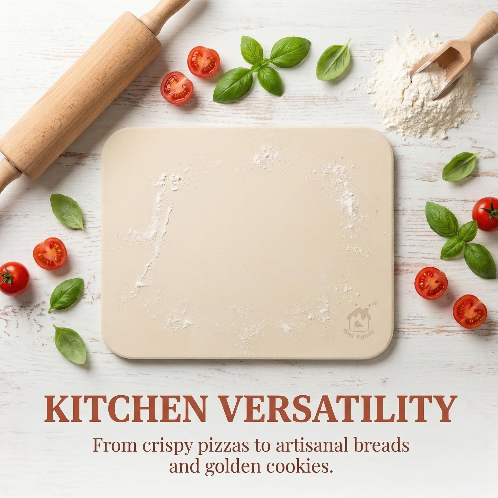 GRILL FAMILY pizza stone placed on charcoal grill grate for even outdoor baking benefits