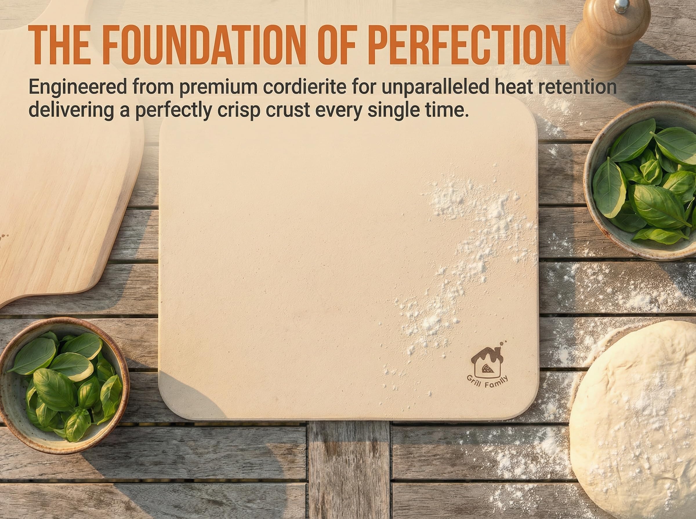 GRILL FAMILY stone on oven rack illustrating fit for standard home ovens and easy placement