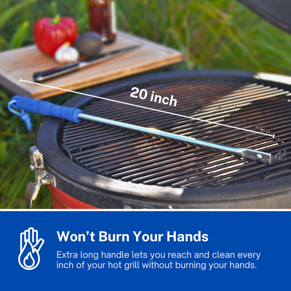 Grill Floss scraping underside of grate cleaning both faces without lifting grates