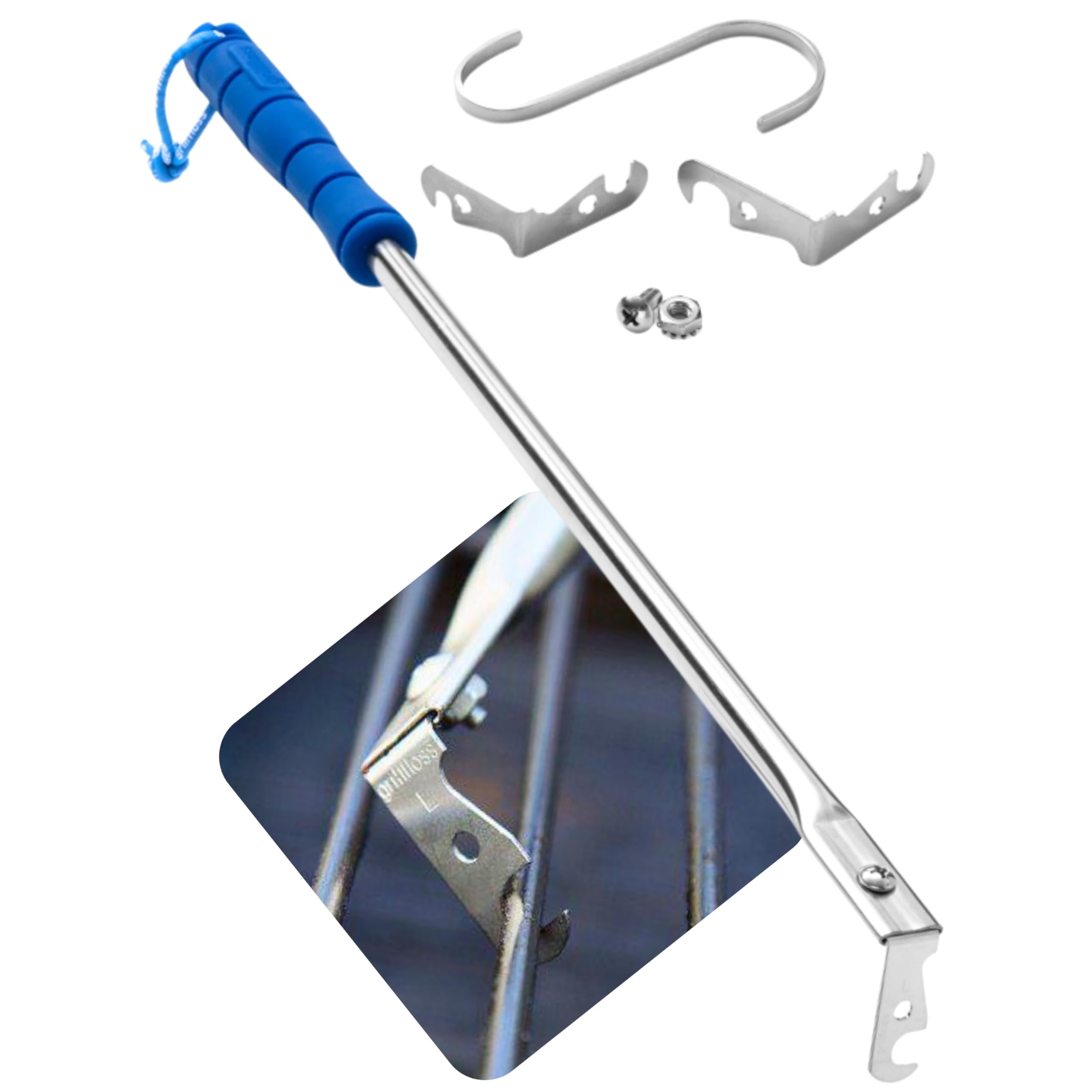 Grill Floss front view showing full stainless scraper and handle for durable cleaning