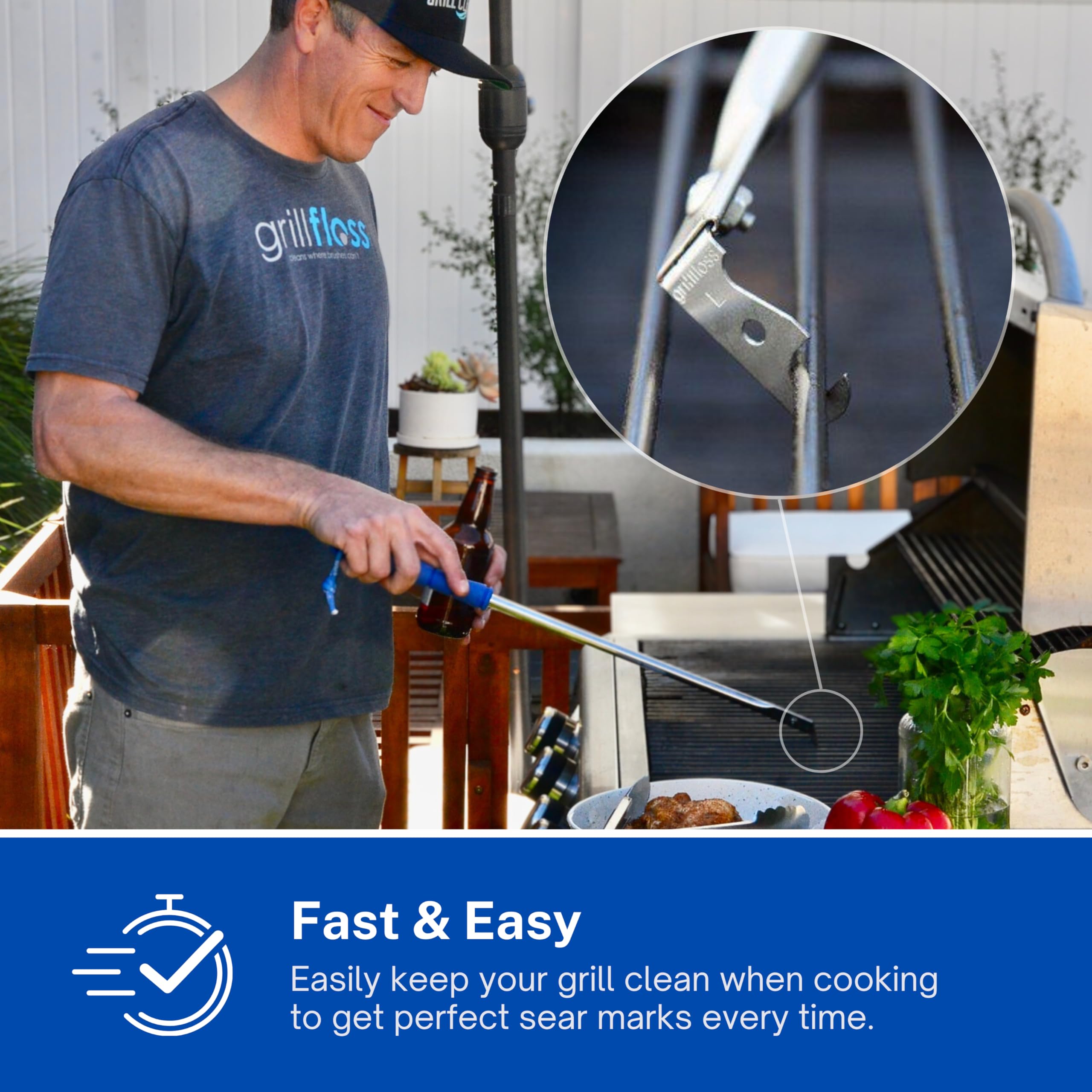 Grill Floss in use on hot grill cleaning round grates quickly for safer cooking