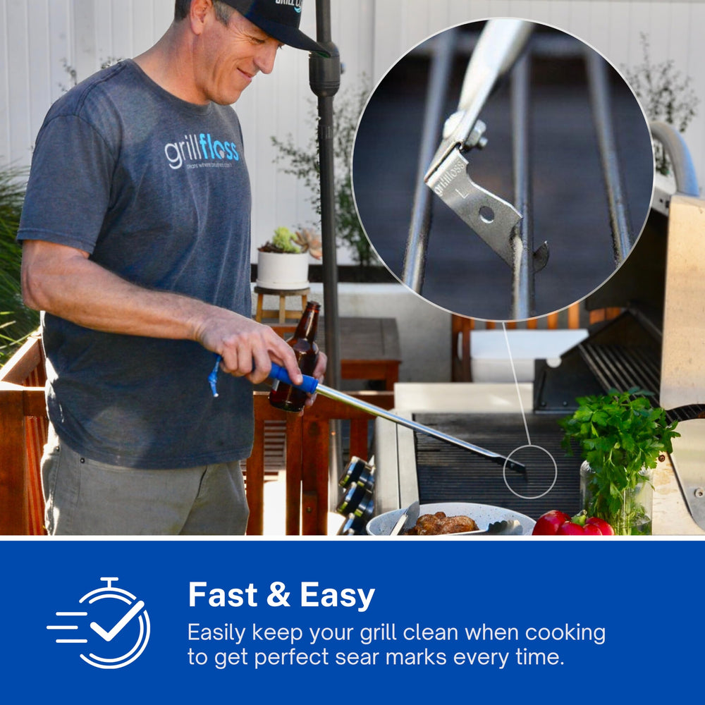 Grill Floss in use on hot grill cleaning round grates quickly for safer cooking