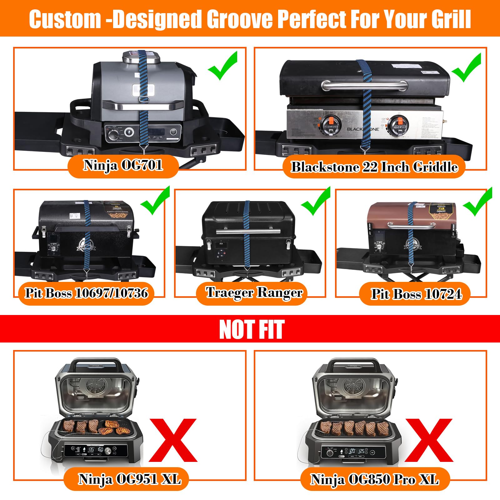 GRILL FORCE close-up of groove and elastic strap securing the Ninja grill for safety
