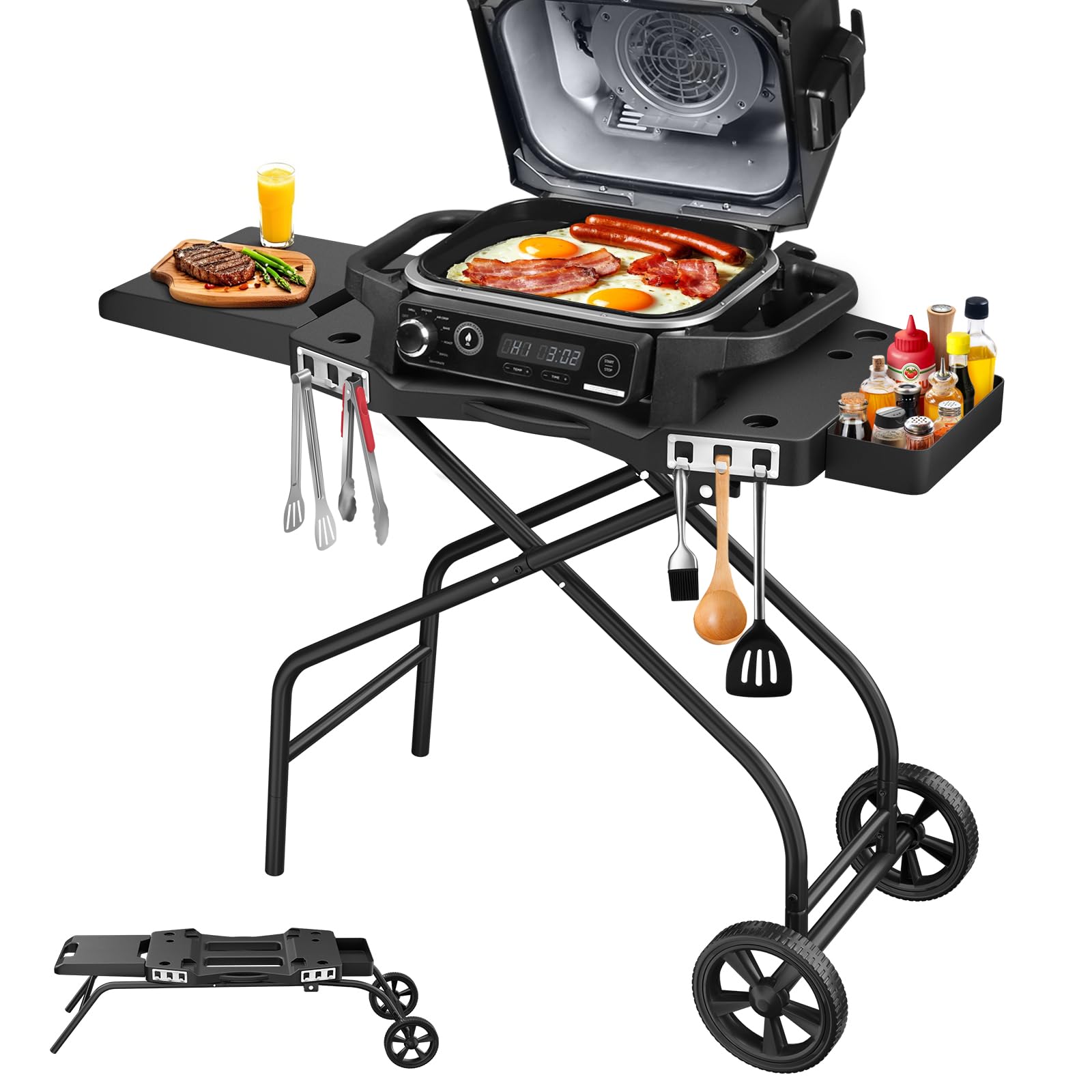 GRILL FORCE front view with Ninja grill on stand showing stable placement and prep space