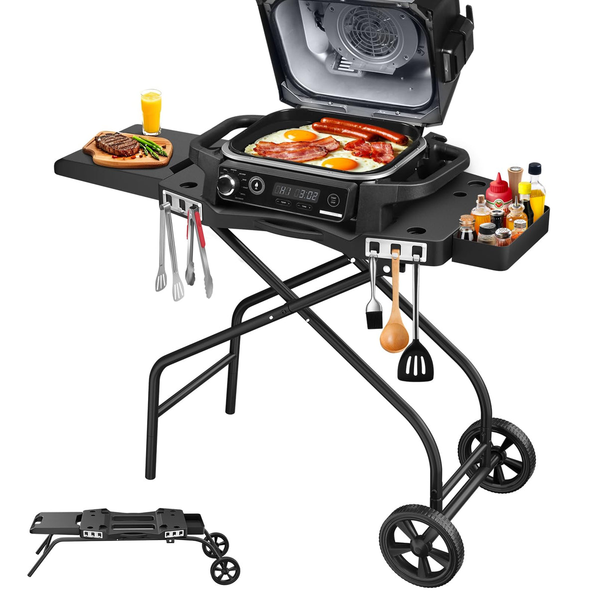 GRILL FORCE front view with Ninja grill on stand showing stable placement and prep space