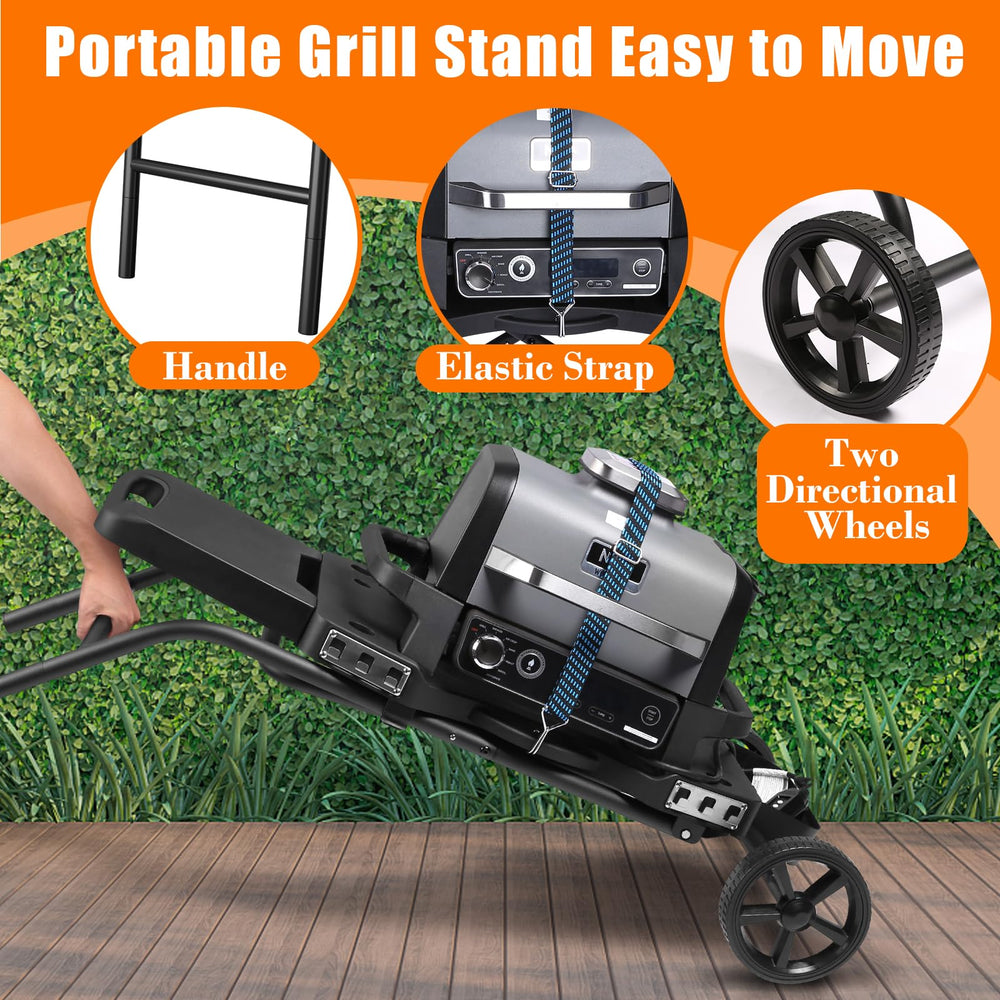 GRILL FORCE person beside stand to show scale and comfortable grilling height