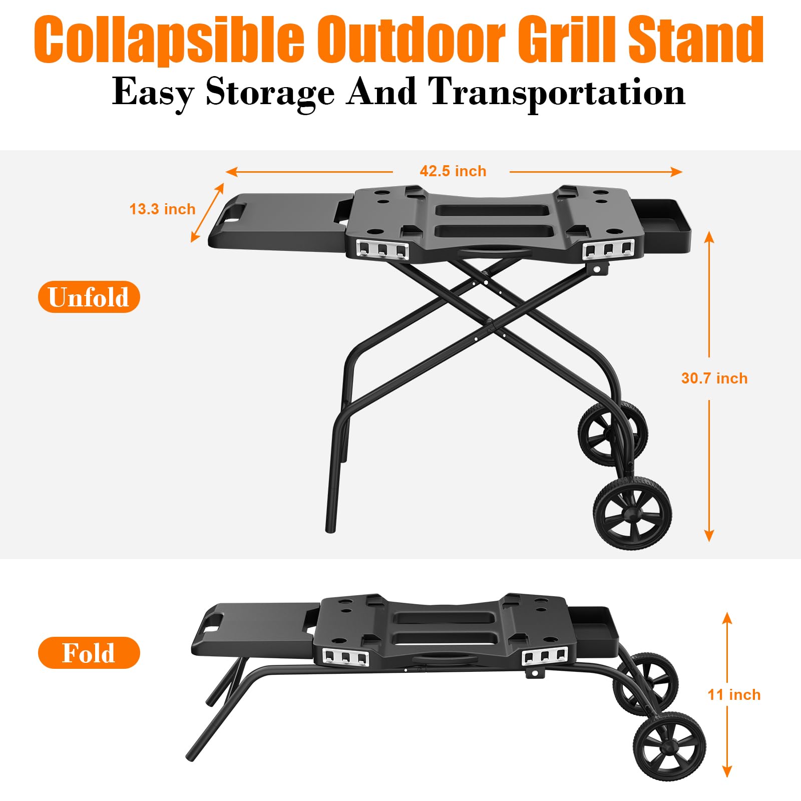 GRILL FORCE detachable side shelf and basket holding spices and plates for organization