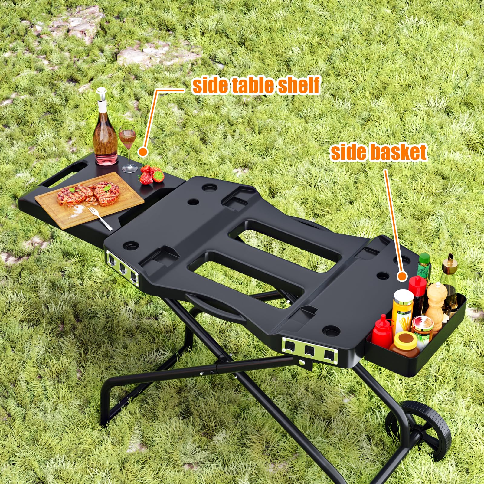 GRILL FORCE top view of plastic work surface with tools demonstrating durable prep area