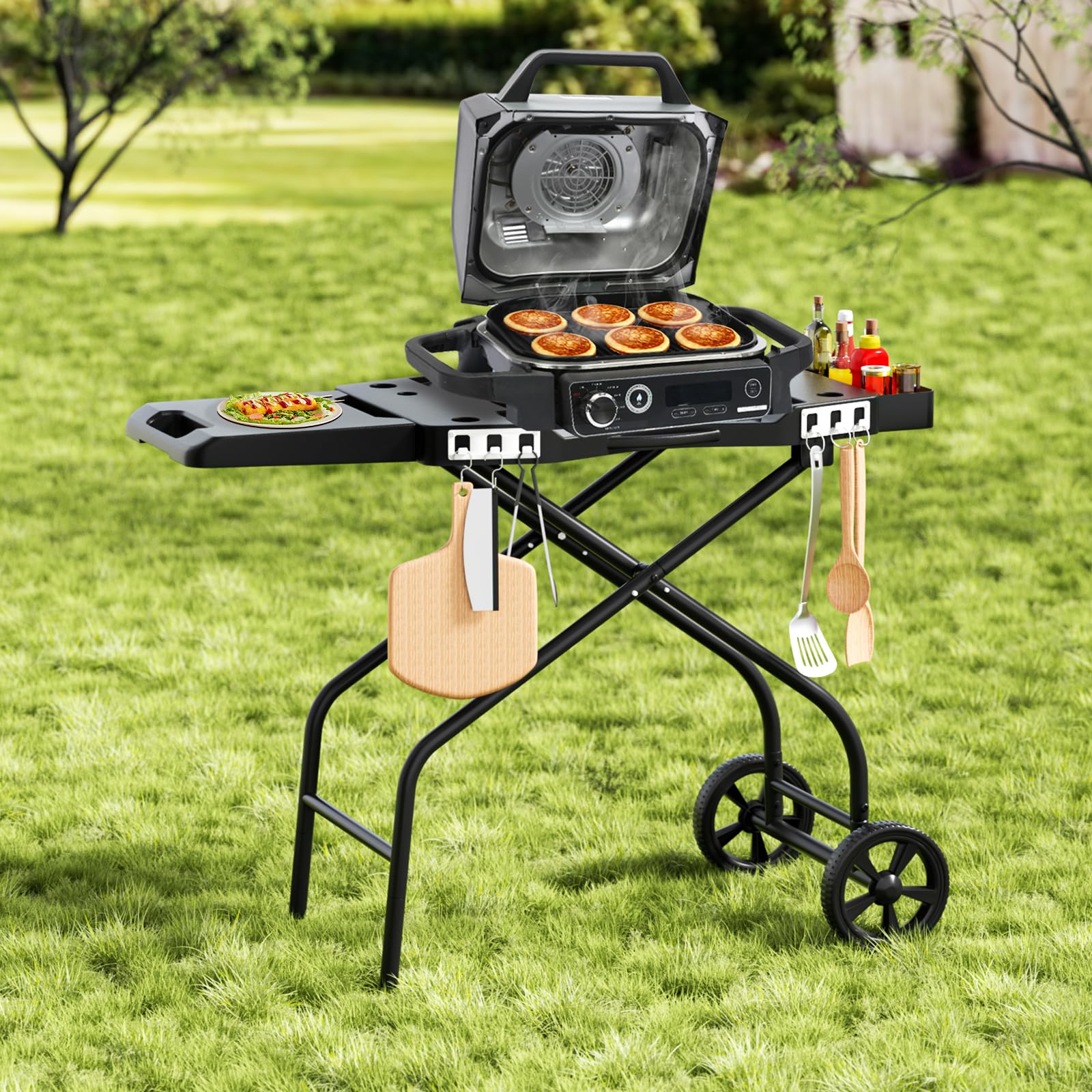 GRILL FORCE large wheels and ergonomic handle shown for easy transport over terrain