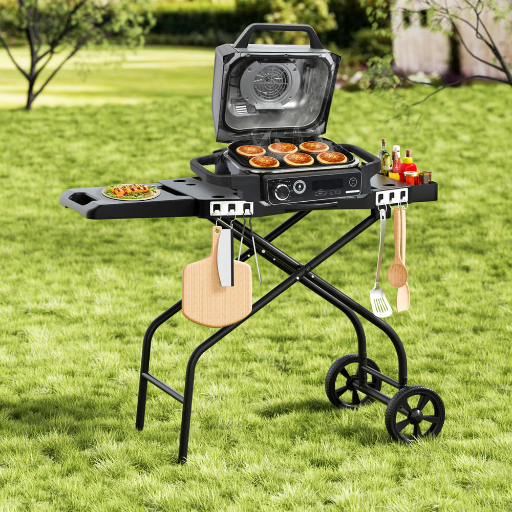 GRILL FORCE large wheels and ergonomic handle shown for easy transport over terrain