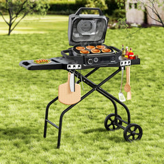 GRILL FORCE large wheels and ergonomic handle shown for easy transport over terrain
