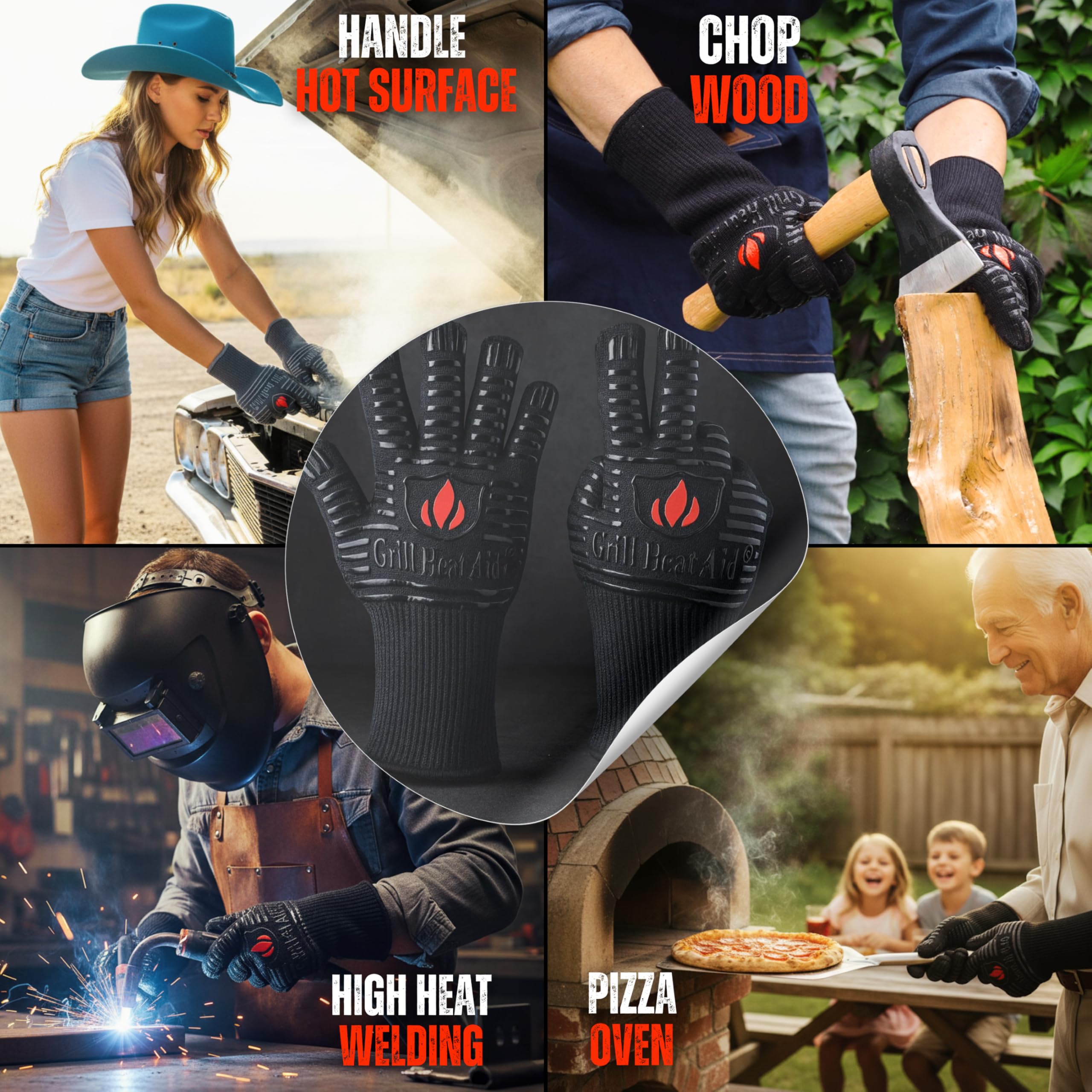 GRILL HEAT AID cutting demo showing cut-resistant layer that protects hands