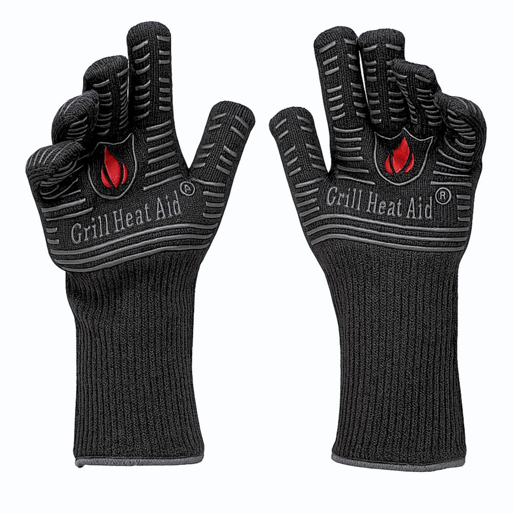 Grill Heat Aid front packaging showing gloves and features for safe grilling