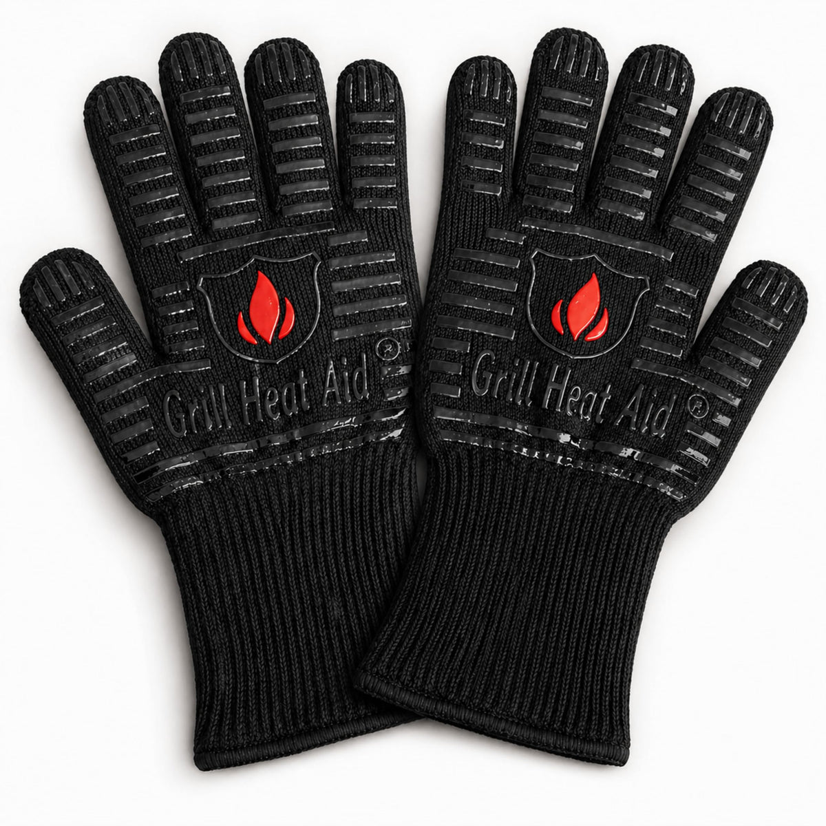 GRILL HEAT AID front packaging showing two protective gloves and certifications
