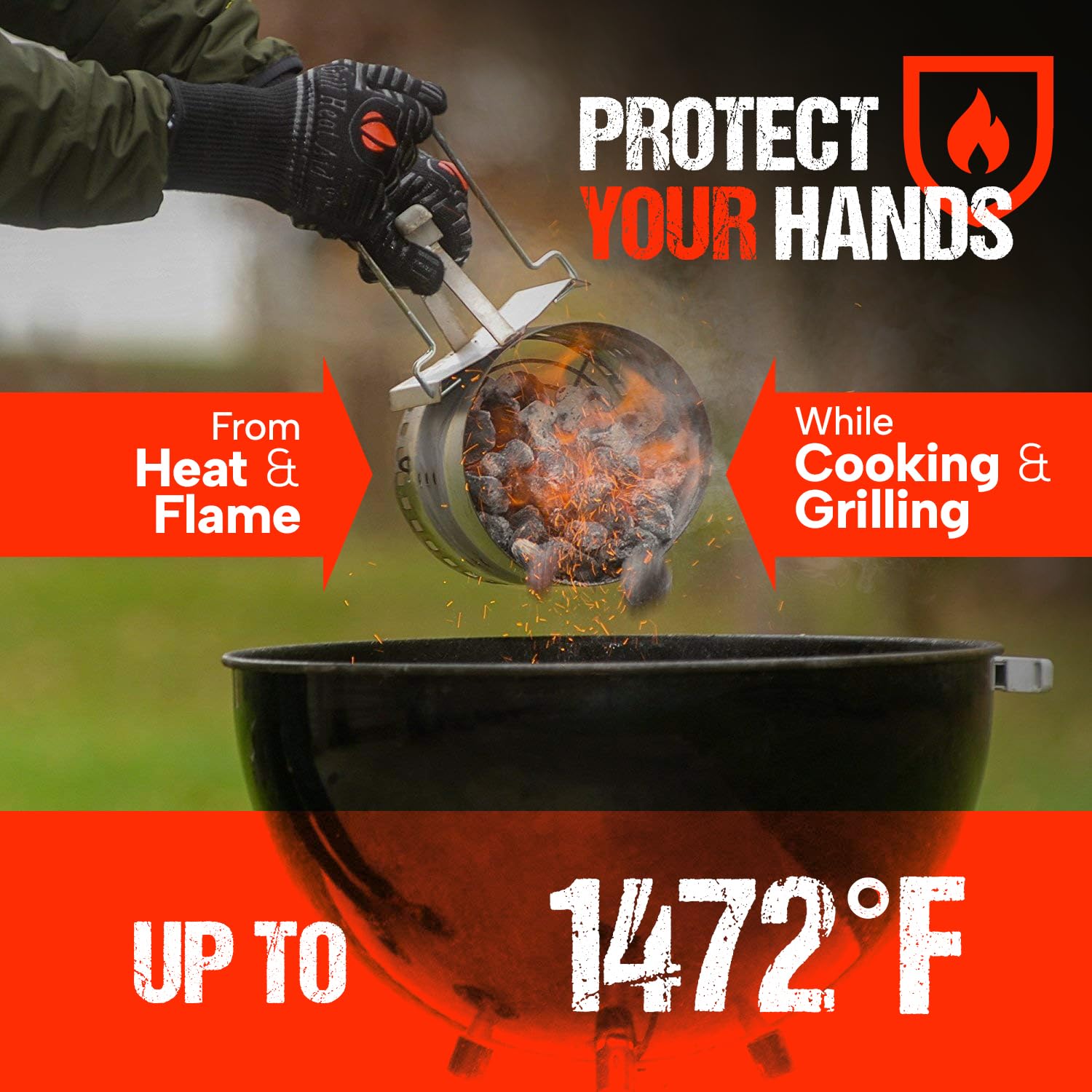 GRILL HEAT AID glove in use at charcoal grill offering burn protection while flipping