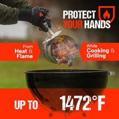 GRILL HEAT AID glove in use at charcoal grill offering burn protection while flipping