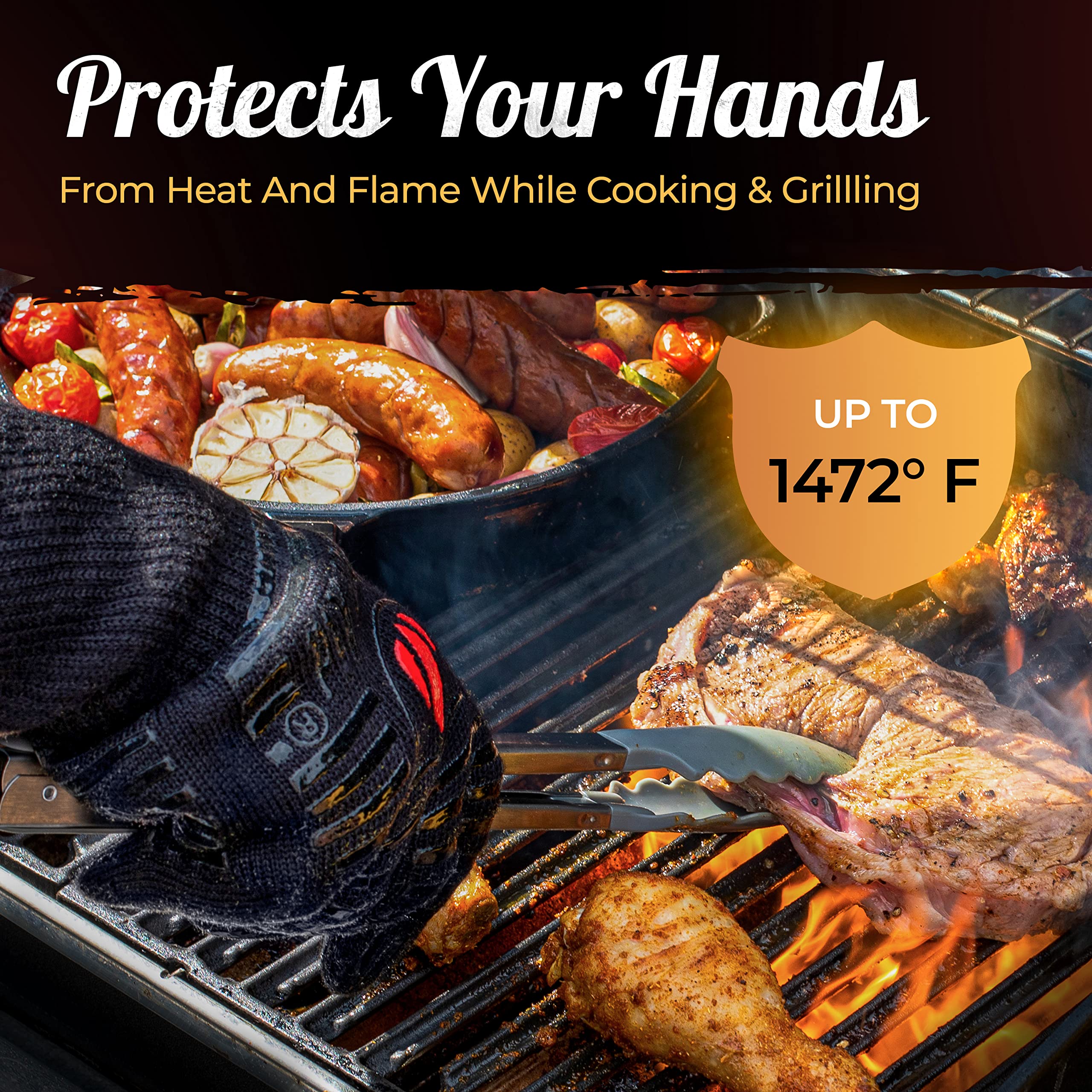 Grill Heat Aid in use flipping steak on grill for precise, safe handling