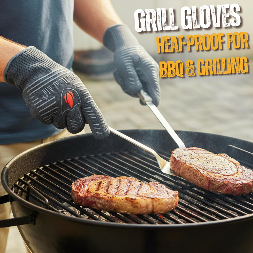 Grill Heat Aid long cuff detail protecting forearm from radiant heat