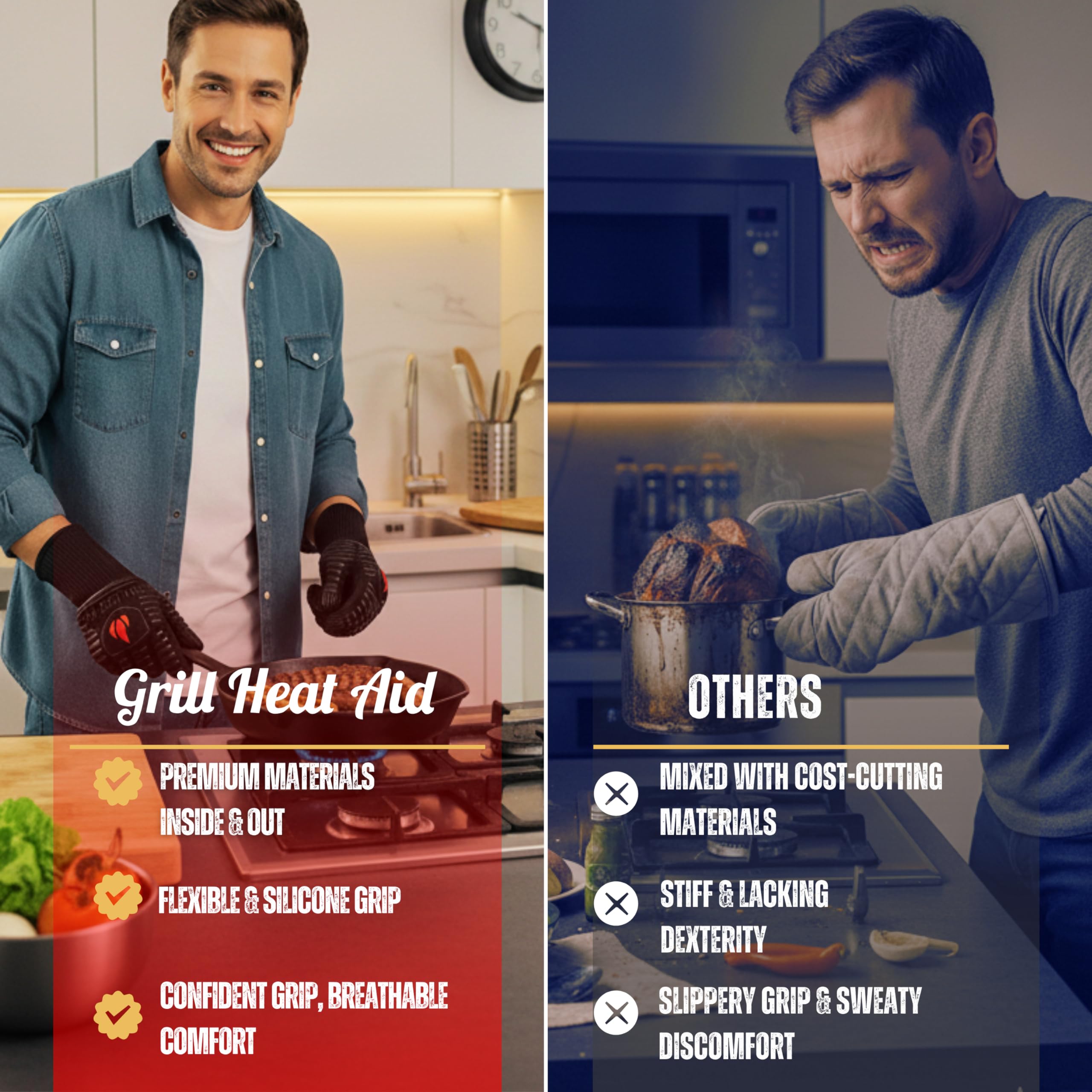 GRILL HEAT AID gloves beside ruler for size comparison and fit confidence