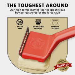 Grill Rescue close-up of heavy-duty metal scraper removing stuck-on residue safely