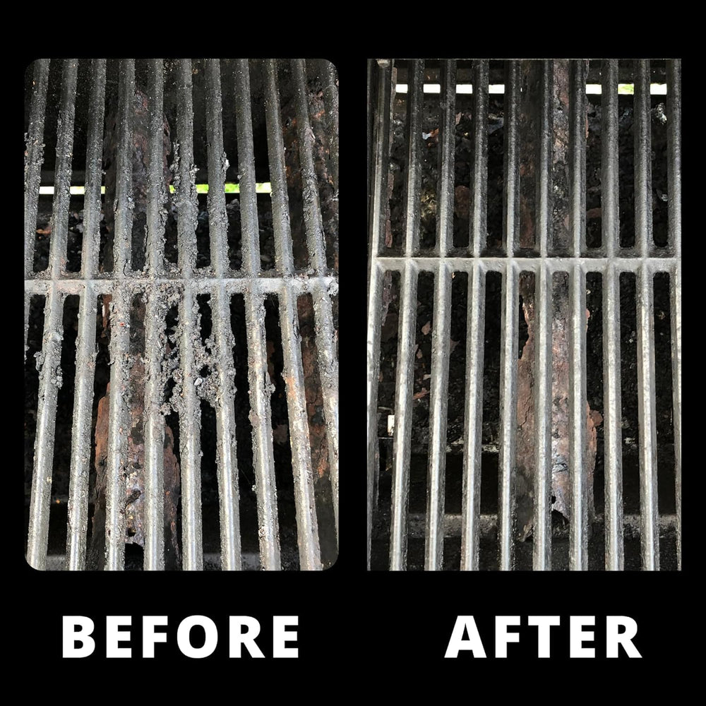 Grill Rescue label and materials close-up indicating washable, bristle-free safety