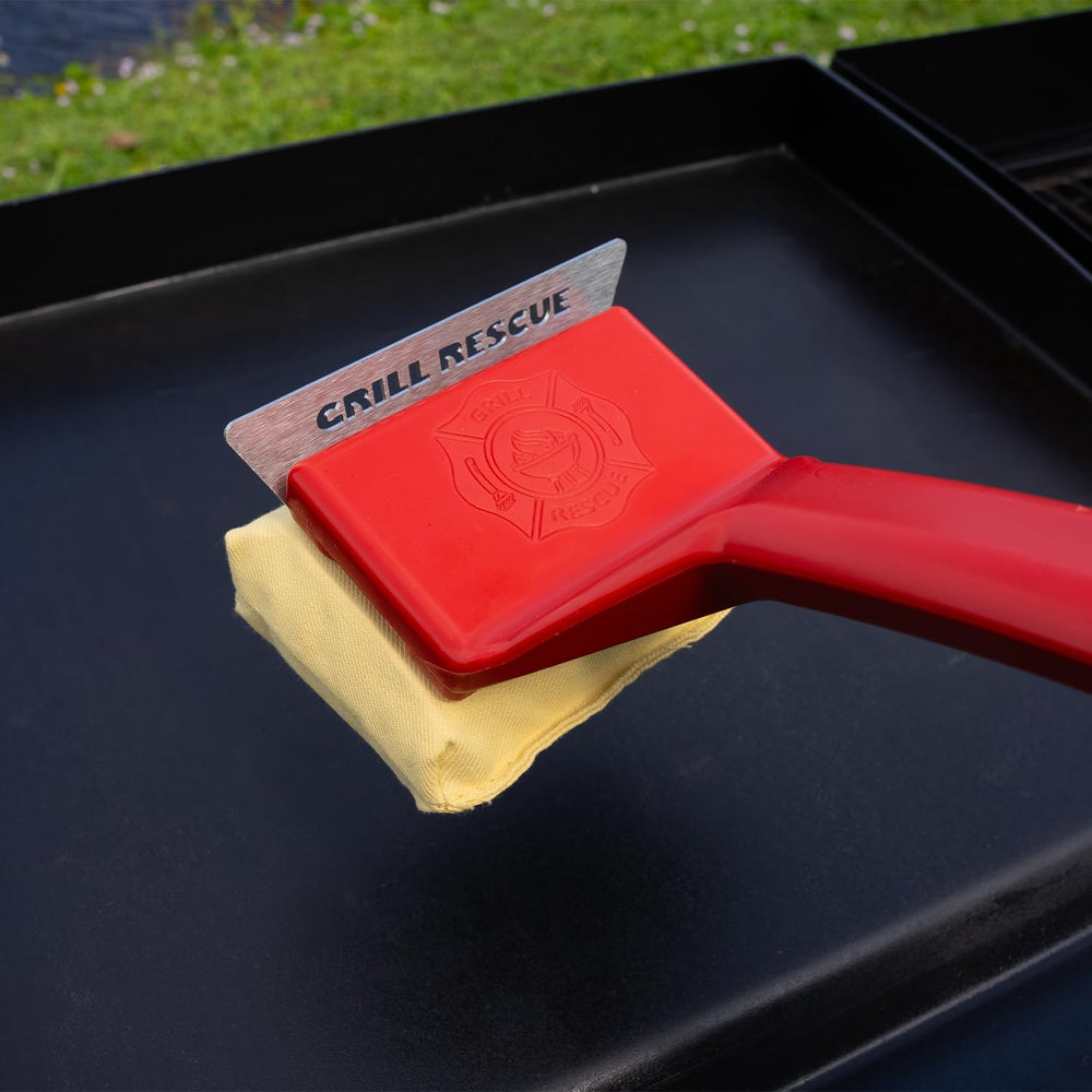 Grill Rescue textured cleaning pad detail that lifts residue without wire bristles protecting surfaces