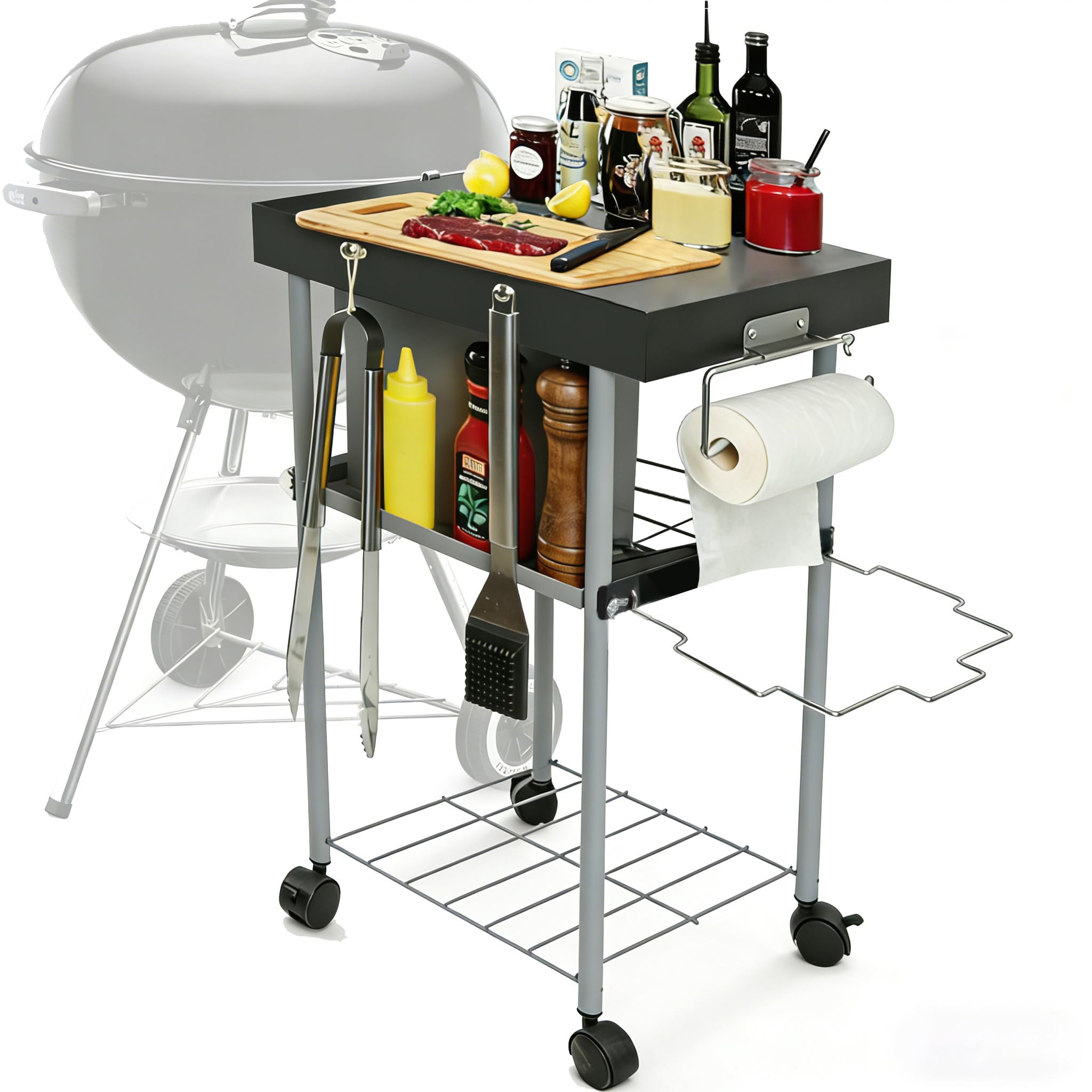 GrillAce front view with Weber kettle showing stable prep surface