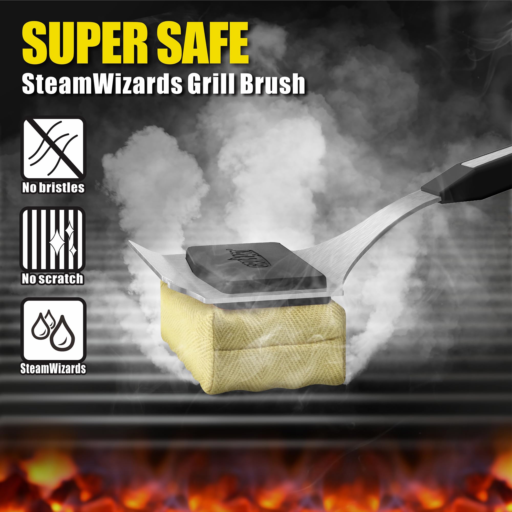 GRILLART close-up of replaceable cleaning head highlighting three-sided cleaning benefit