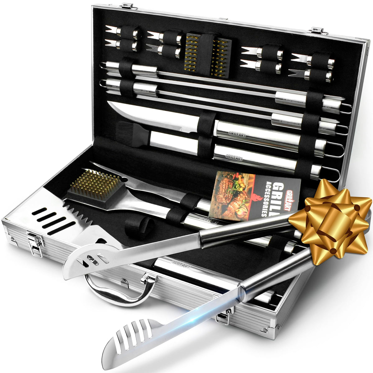 GRILLART front view of open case showing organized tool layout and portability
