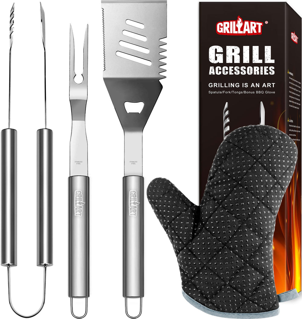GRILLART front view of 3-piece set showing durable stainless finish and glove benefit