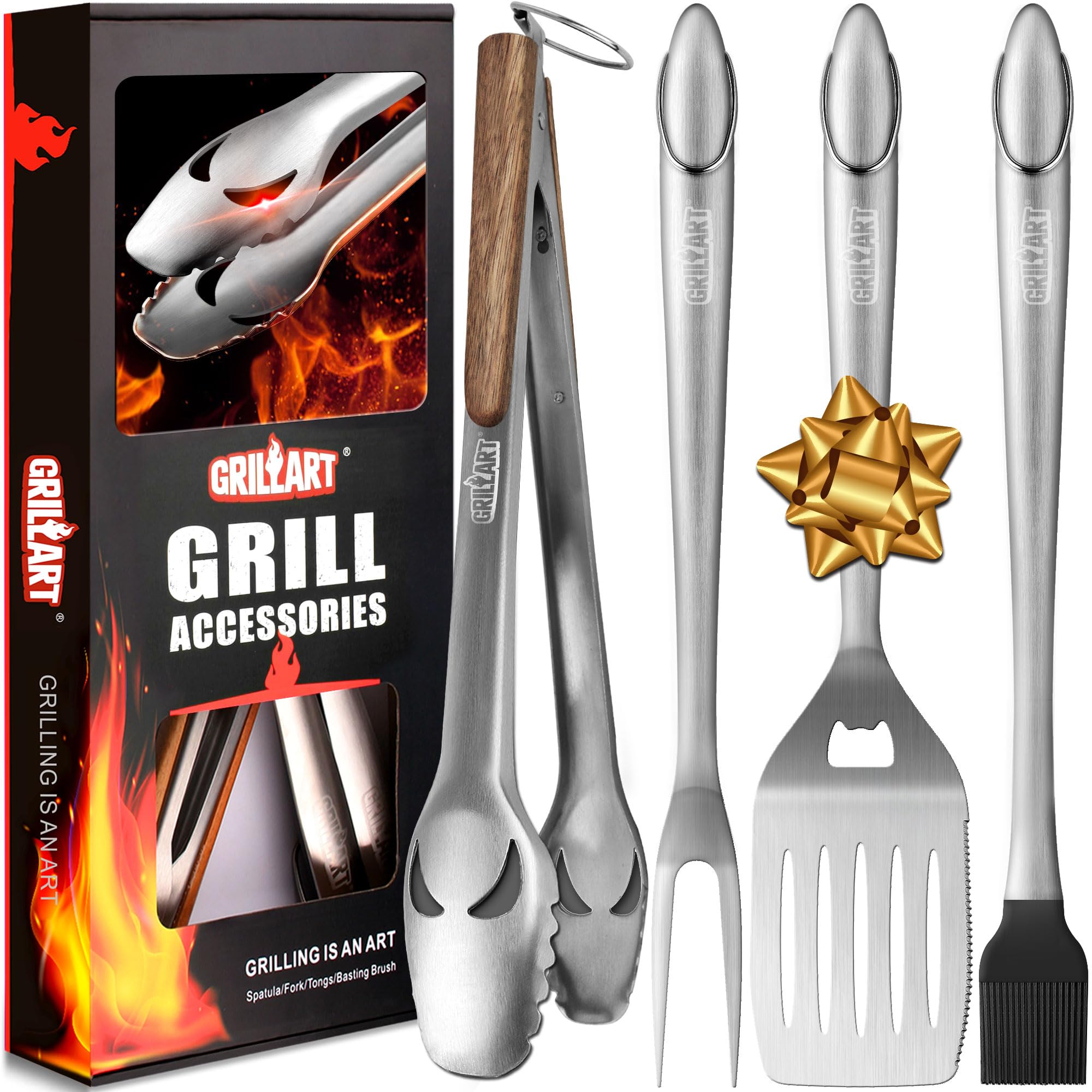 GRILLART front view of 4-piece stainless steel BBQ set showing complete kit and durability