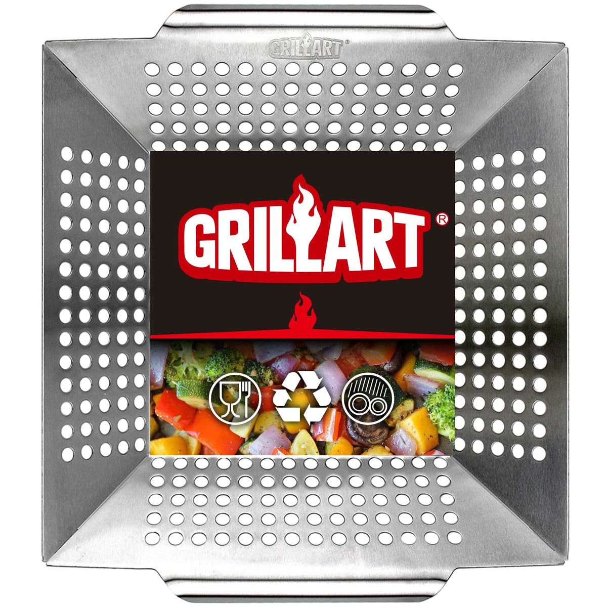 GRILLART front view of large stainless steel grill basket showing heavy-duty construction and capacity