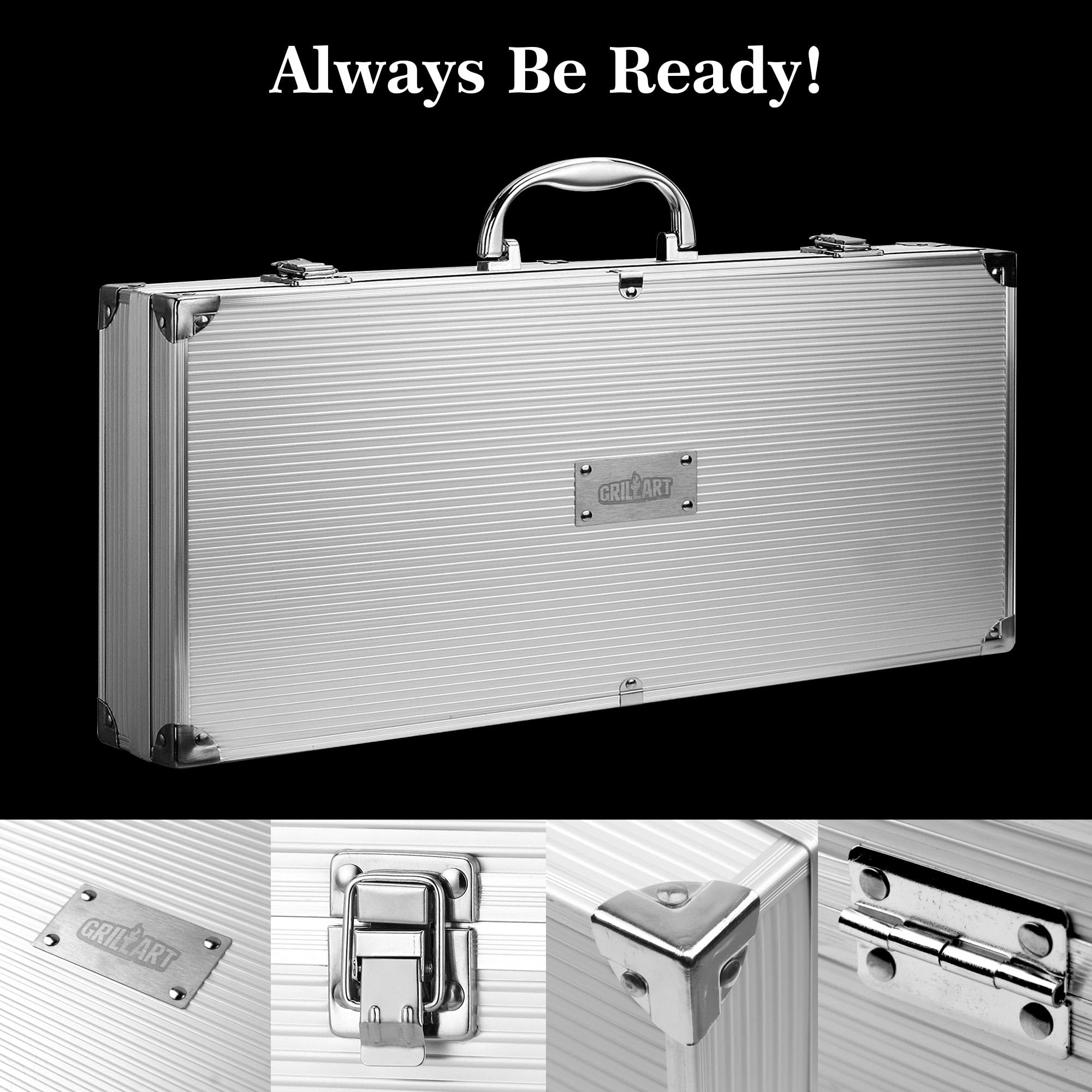 GRILLART full 19-piece set neatly seated in an aluminum storage case for travel