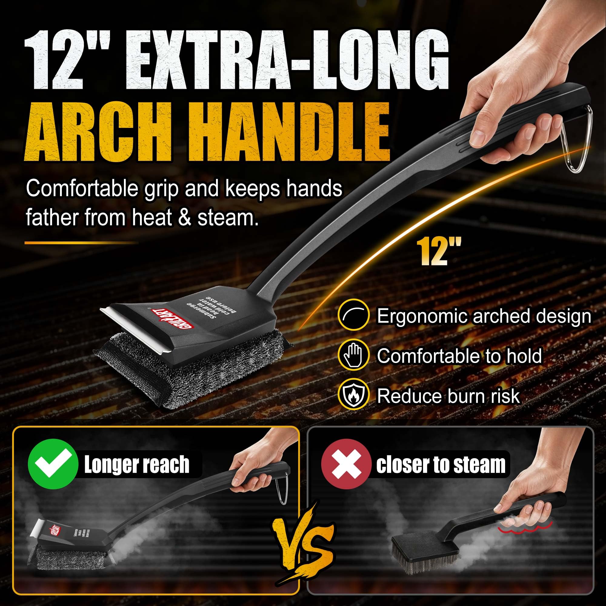 GRILLART long arched handle with non-slip grip keeping hands away from heat