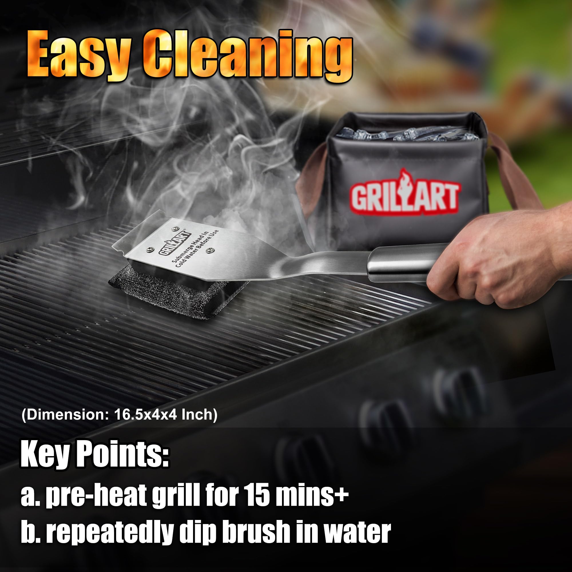 GRILLART brush head hung on hook for dry storage and easy access after use