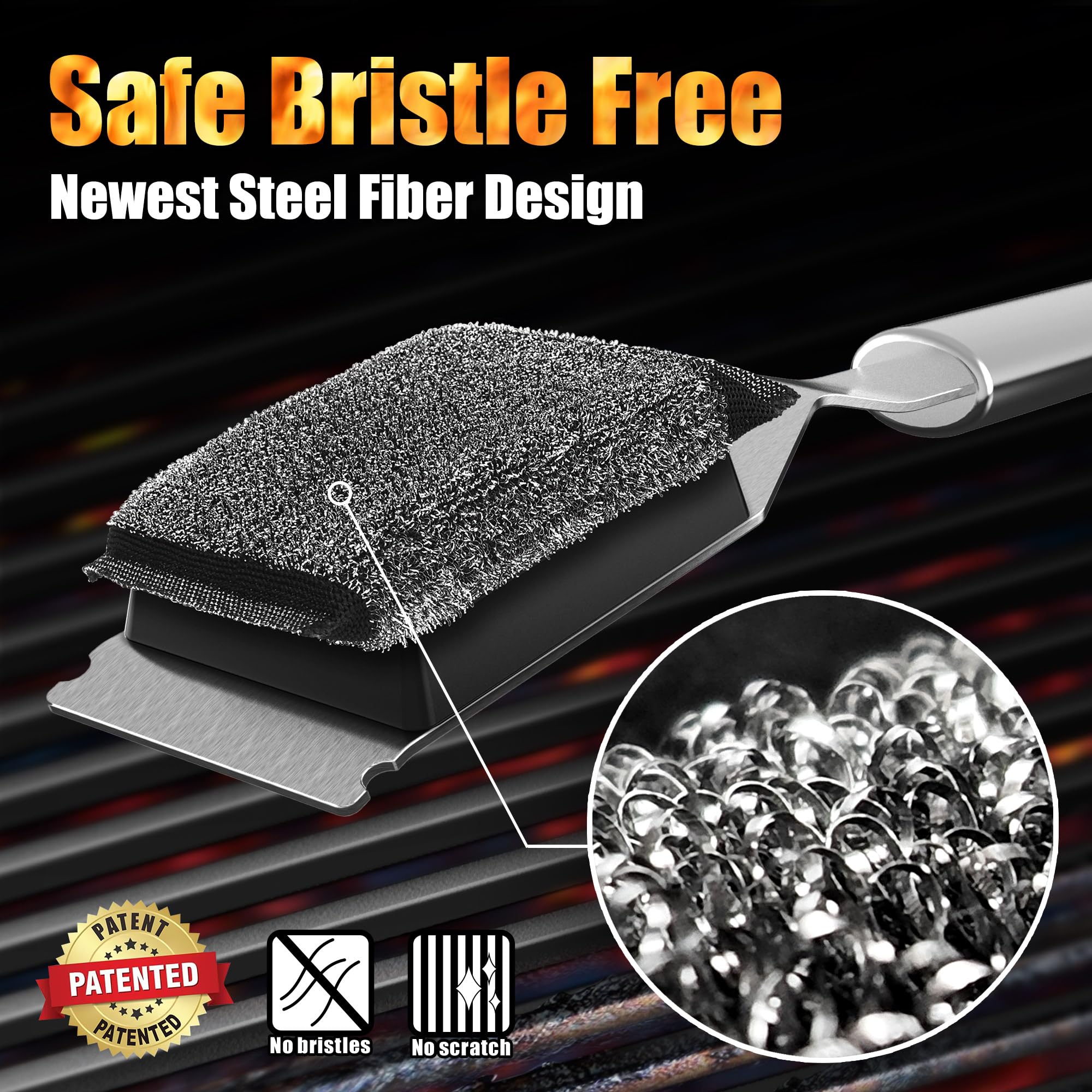 GRILLART replacement head mounted on stainless handle cleaning grill demonstrating leverage
